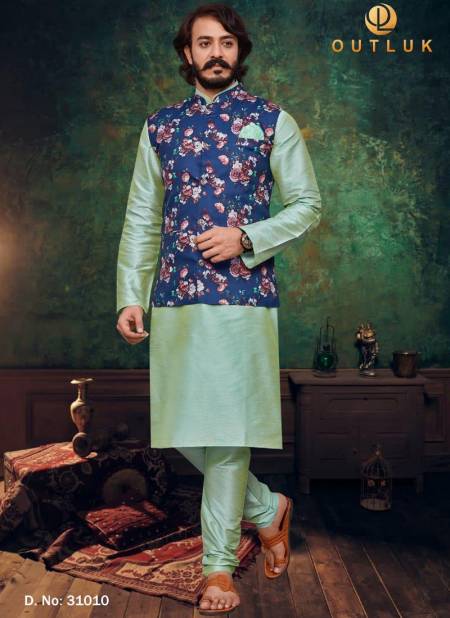 Pista Green Colour Exclusive Festive Wear Digital Art Silk Printed Kurta Pajama With Jacket Mens Collection 31010